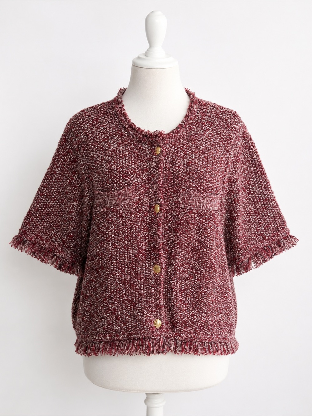 J.Crew Marled Knit Fringe Cardigan Sweater XL Burgundy Button Front